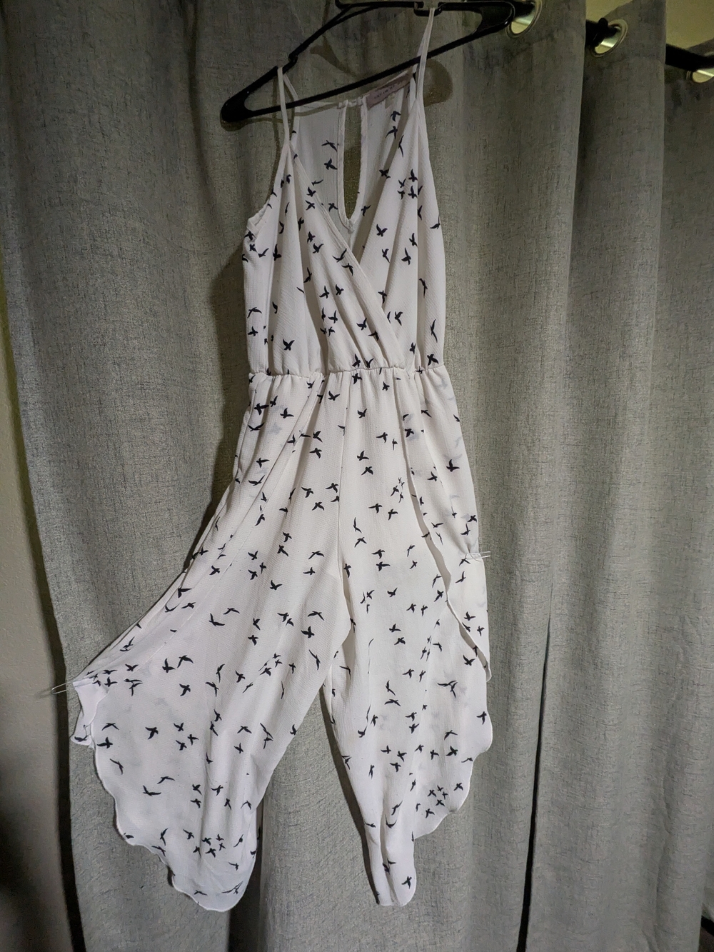 White Bird-Print Sleeveless V-Neck Jumpsuit